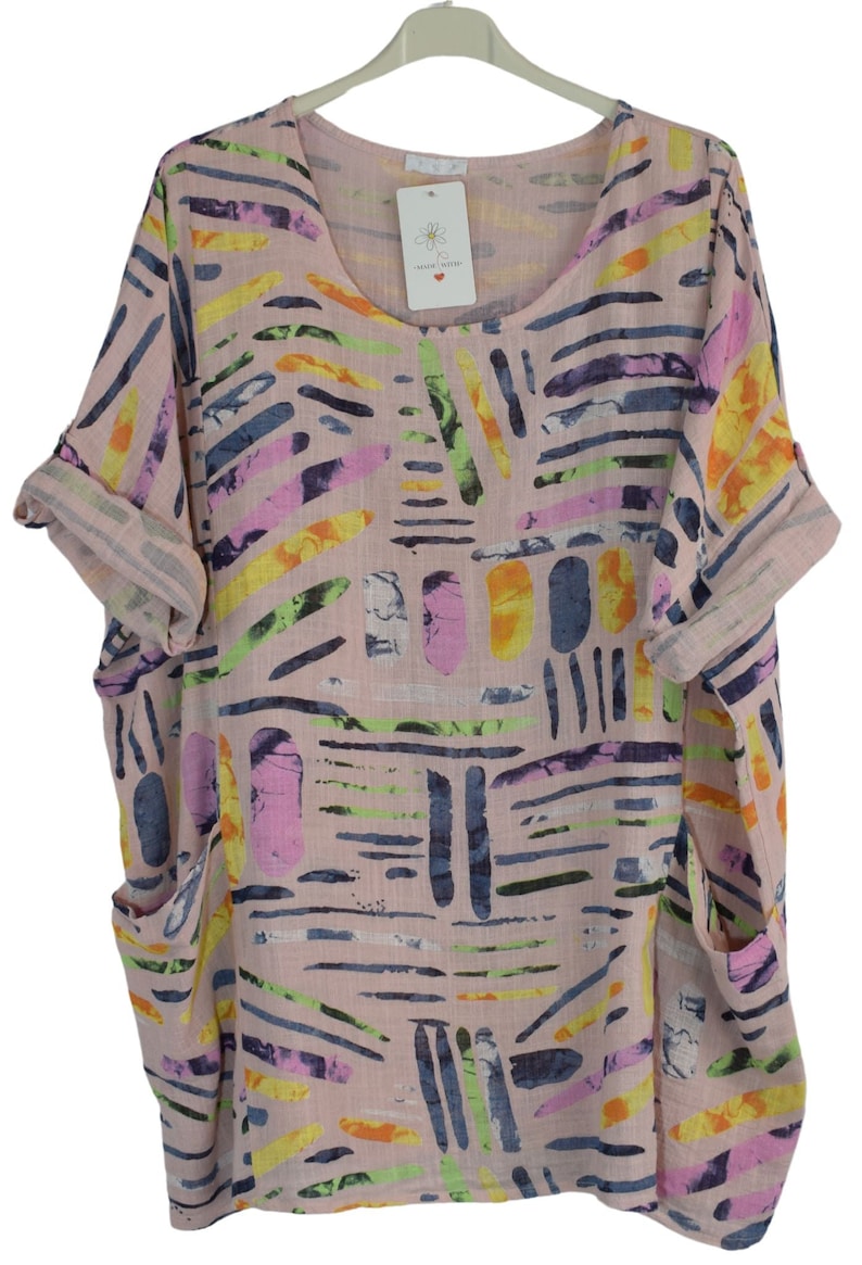 Quirky Colourful Line Print Cotton Top Casual Summer Top With Pockets LIGHT PINK