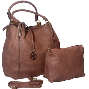 Long & Son Damen Vegan Leder Tote Crossbody Taschenset, Wildleder gefüttert, Gold Detail.