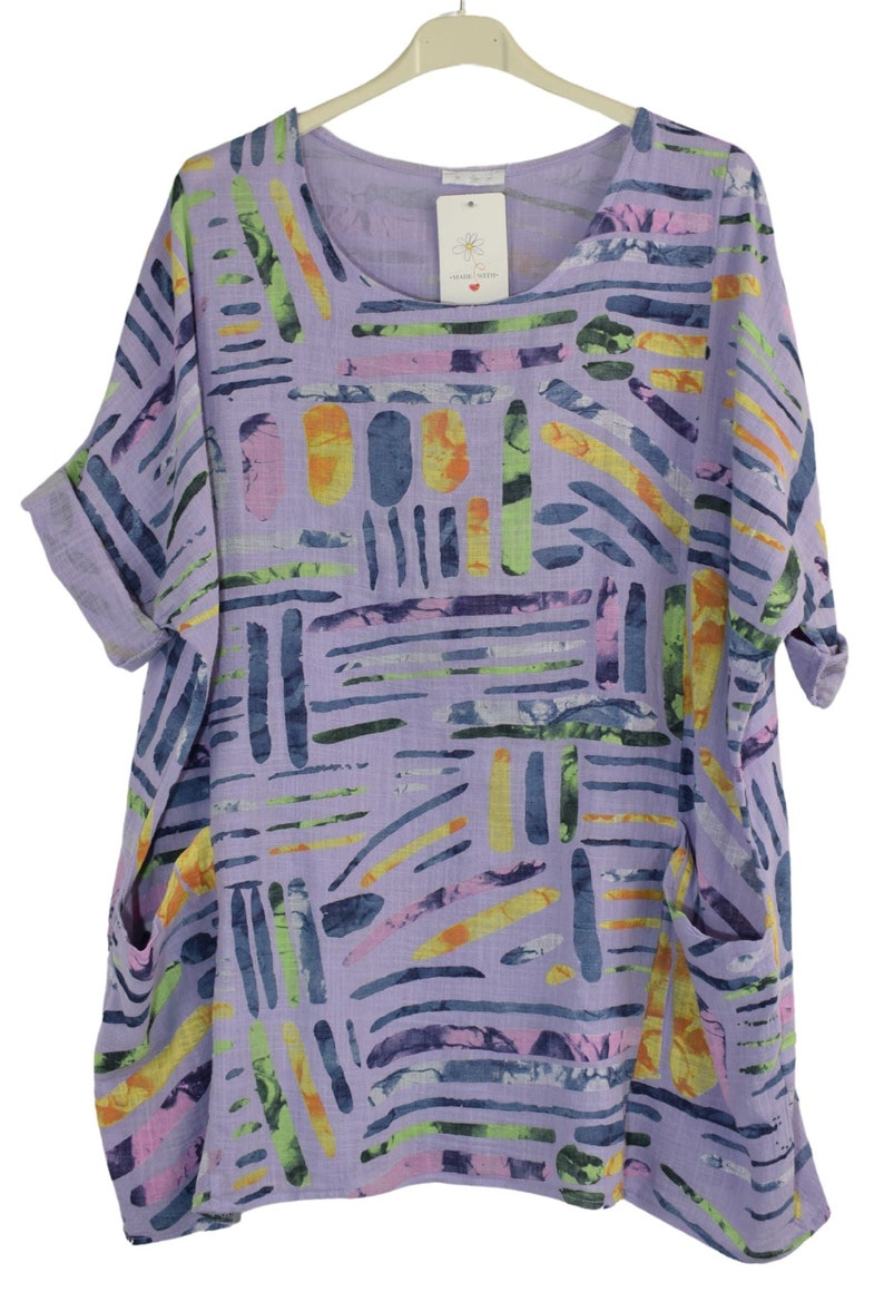 Quirky Colourful Line Print Cotton Top Casual Summer Top With Pockets LILAC