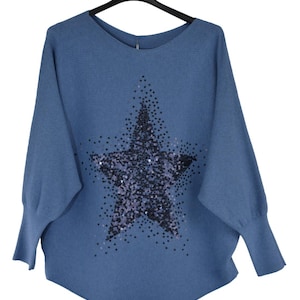 Made In Italy Lagenlook Knitwear Jumper, Batwing Style, Sequin Star Design Women's Sweater, Christmas Jumper, Gift for her, One Size