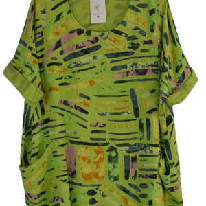 Quirky Colourful Line Print Cotton Top Casual Summer Top With Pockets LIME