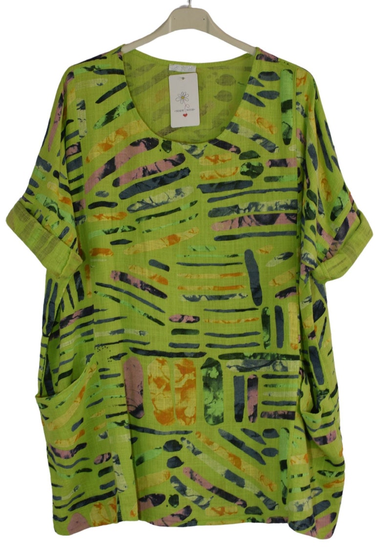 Quirky Colourful Line Print Cotton Top Casual Summer Top With Pockets LIME