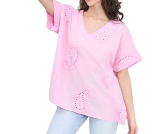 Paisley Embroidered Broderie Cotton Top Women's Casual Summer Top T-shirt Tee..