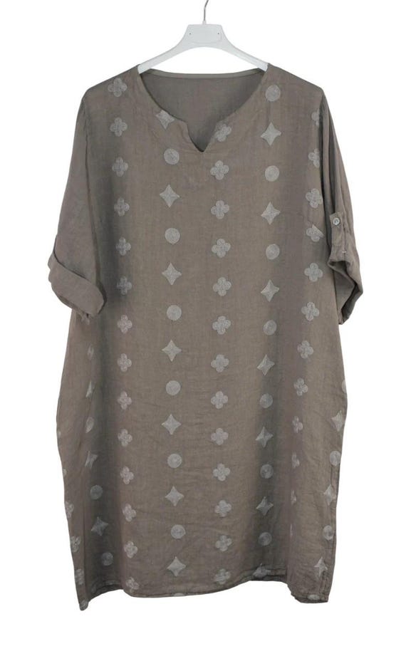 italian linen lagenlook dresses Italian Lagenlook Linen Abstract Embroidered A-line Tunic Dress Lightweight  Summer Dress