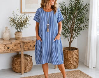 Damklänning med italienskt lagenlook, lätt bomullsrandig sommarklänning