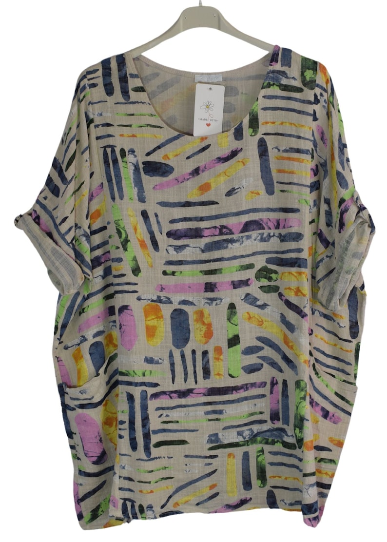 Quirky Colourful Line Print Cotton Top Casual Summer Top With Pockets BEIGE