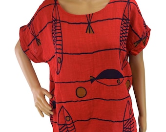 Ladies Italian lagenlook Summer Lightweight Cap Sleeve Fish Print Top.