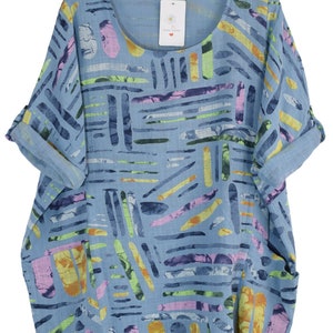 Quirky Colourful Line Print Cotton Top Casual Summer Top With Pockets DENIM