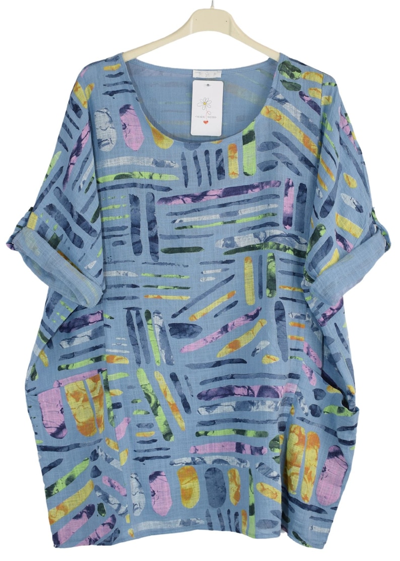 Quirky Colourful Line Print Cotton Top Casual Summer Top With Pockets DENIM