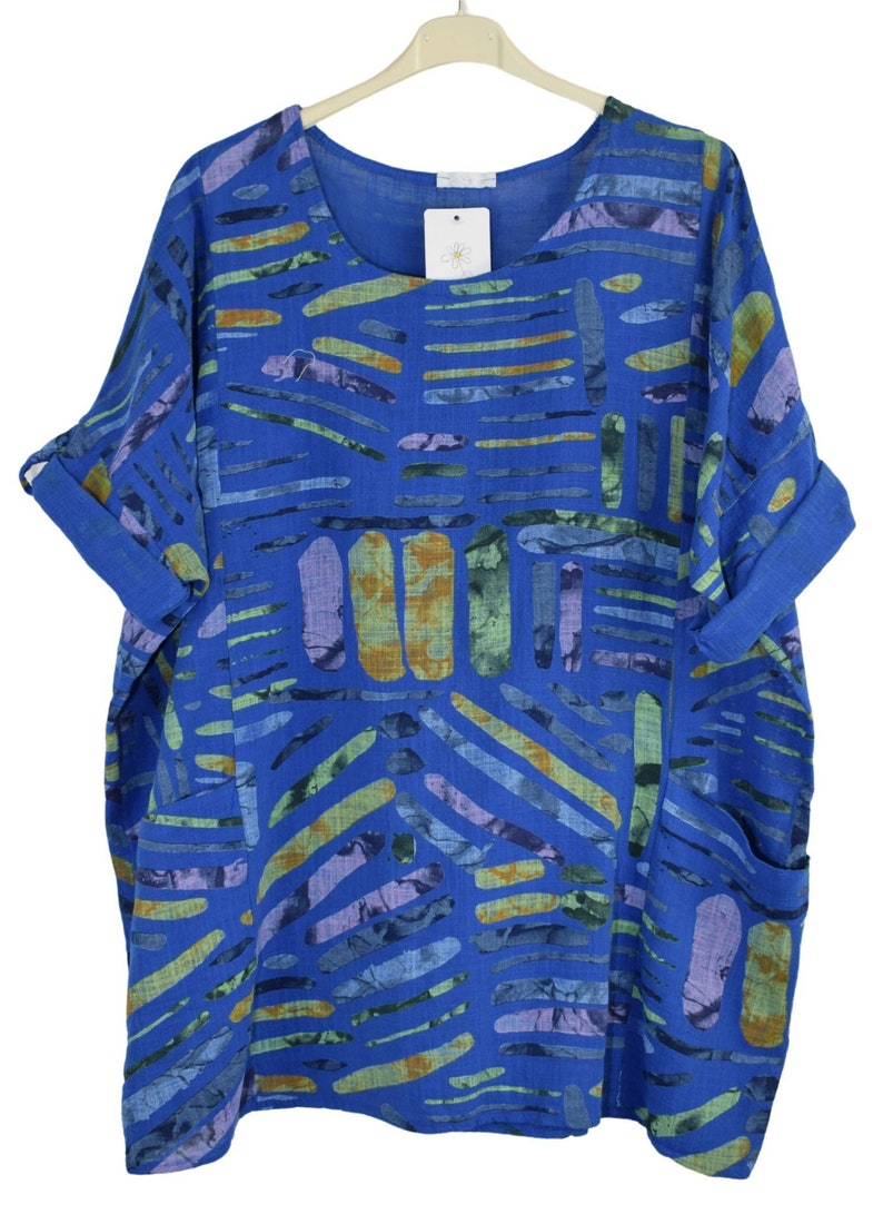 Quirky Colourful Line Print Cotton Top Casual Summer Top With Pockets ROYAL BLUE