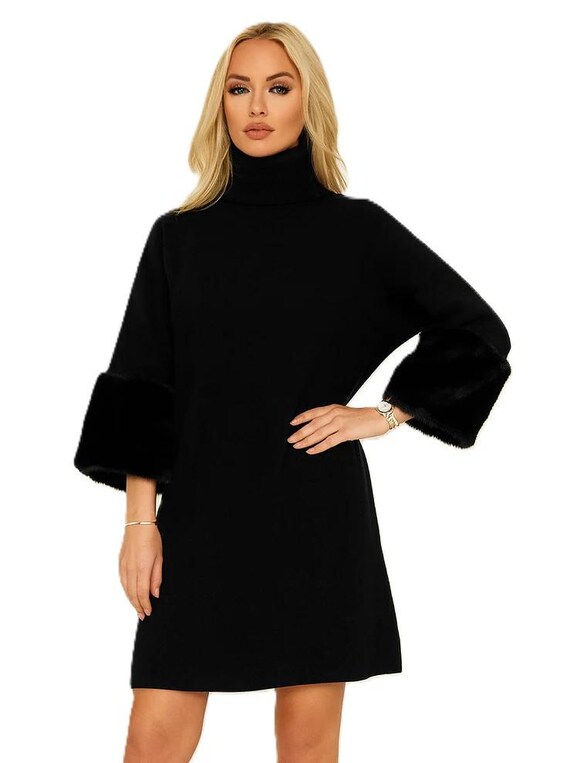 Ladies Italian Faux Fur Cuff Knitted Mini Jumper Dress with Roll Neck