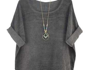 Italian Lagenlook Cotton Linen Summer Top with Pendant