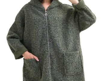 May include: A long, green hooded jacket with a zipper closure and two pockets. The jacket has a textured, fuzzy fabric.