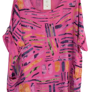 Quirky Colourful Line Print Cotton Top Casual Summer Top With Pockets FUCHSIA