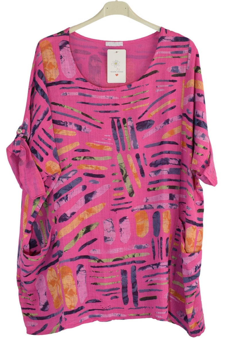 Quirky Colourful Line Print Cotton Top Casual Summer Top With Pockets FUCHSIA