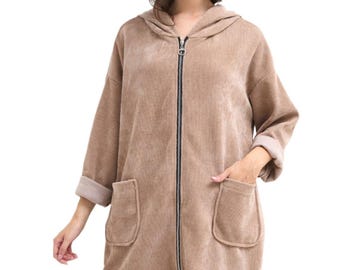 May include: A long, brown corduroy hooded jacket with a zipper closure and two patch pockets. The jacket has a relaxed fit and a casual style.