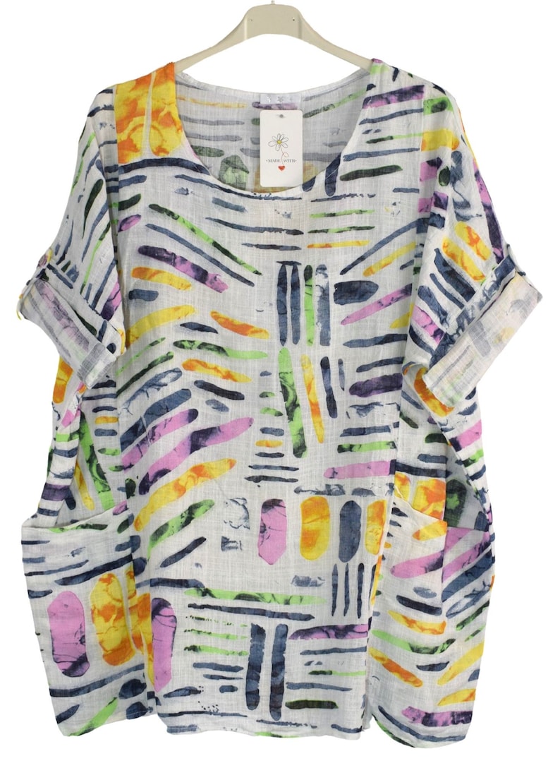 Quirky Colourful Line Print Cotton Top Casual Summer Top With Pockets WHITE