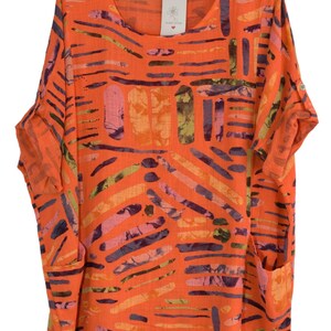 Quirky Colourful Line Print Cotton Top Casual Summer Top With Pockets ORANGE