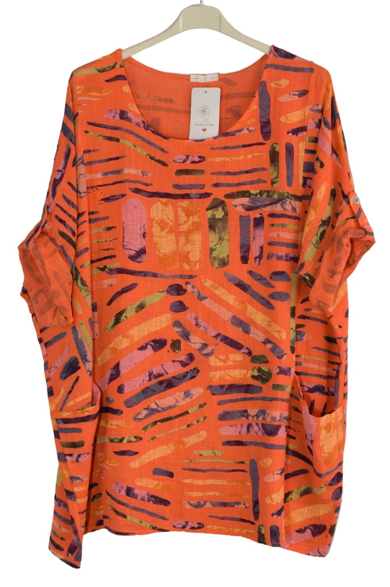 Quirky Colourful Line Print Cotton Top Casual Summer Top With Pockets ORANGE