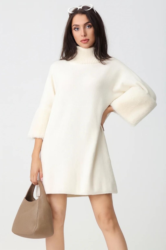 Ladies Italian Faux Fur Cuff Knitted Mini Jumper Dress With Roll Neck -  Etsy Israel