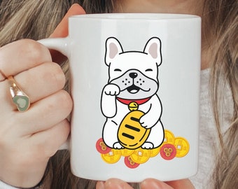 Lucky Frenchie Ceramic Coffee Mug | French Bulldog Mug | Frenchie Gift | Good Luck French Bulldog with Chinese Coins | 15 Ounce Mug