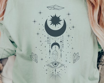 Celestial Comfort Colors T-Shirt | Moon and Stars Boho Shirt | Crystals T-shirt | Witchy Vibes T-shirt | Third Eye