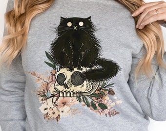 Vintage Style Black Cat and Floral Skull Sweatshirt | Crewneck Sweatshirt | Gothic | Witchy Vibes | Black Cats and Skulls