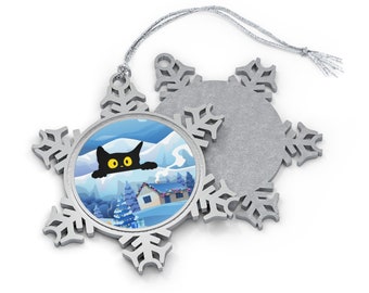 Adorno de copo de nieve de peltre con diseño de gato de Yule, decoración navideña navideña