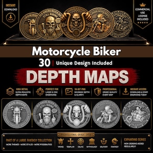 May include: A digital product featuring 30 unique motorcycle biker designs. The image showcases detailed depth maps with various themes, including Viking, Templar, and Celtic. The designs are perfect for laser engraving and CNC projects.