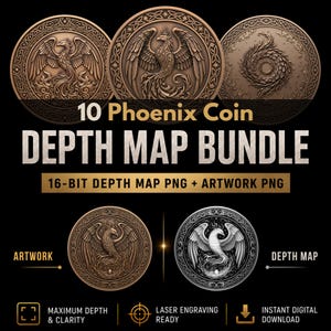 Paquete de mapas de profundidad de monedas Phoenix: mapas de profundidad 3D para grabado láser (PNG + mapas de profundidad)