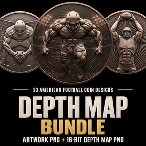 May include: Three circular bronze-toned medallions featuring relief sculptures of American football players in action. The text reads 20 AMERICAN FOOTBALL COIN DESIGNS DEPTH MAP BUNDLE ARTWORK PNG + 16-BIT DEPTH MAP PNG against a black background.