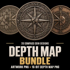 May include: A digital collection of 20 compass coin designs featuring intricate metallic textures. The central coin displays a globe icon with the text Never Lose Your Way. The set includes artwork PNG and 16-bit depth map PNG files for projects.