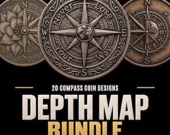 20 Compass Coin Depth Maps for Laser Engraving: 20 Unique 3D Designs, Embossing File