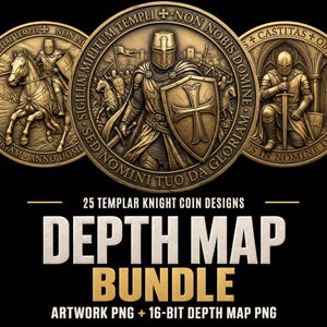 Könnte beinhalten: Drei kreisförmige Medaillons in Bronzetönen mit geprägten Templer-Ritter-Motiven, darunter ein berittener Ritter, ein stehender Ritter mit Schild und ein kniender Ritter mit Schwert. Text: 25 TEMPLAR KNIGHT COIN DESIGNS DEPTH MAP BUNDLE.