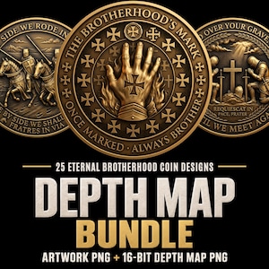 Könnte beinhalten: Eine digitale Grafik mit drei kreisförmigen, bronzefarbenen Münzen mit geprägten Rittermotiven und Text. Die mittlere Münze zeigt eine Hand mit einem Kreuz, umgeben von dem Text THE BROTHERHOOD'S MARK ONCE MARKED ALWAYS BROTHER.