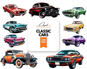 Mega Bundle PNG de cliparts de voitures classiques : modèles de voitures musclées et vintage (200 fichiers PNG)