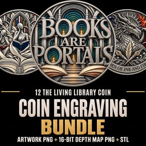Bokälskarens myntdjupkarta | 12 levande biblioteks PNG-paket | 16-bitars djupkartor, STL och konstverk PNG