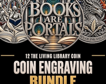Book Lover Coin Depth Map | 12 Living Library PNG Bundle | 16-Bit Depthmaps, STL & Artwork PNGs