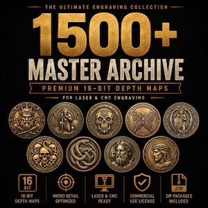 Könnte beinhalten: Eine digitale Sammlung mit dem Titel 1500+ Master Archive Premium 16-Bit Depth Maps for Laser & CNC Engraving. Die Grafik zeigt neun kreisförmige, bronzefarbene Medaillons mit detaillierten Reliefdesigns von Schädeln und Symbolen.