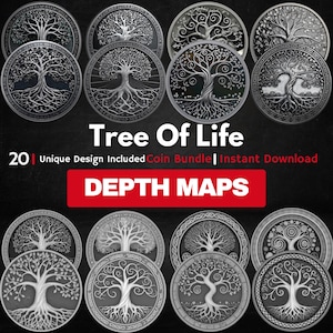 May include: A collection of twenty silver-colored coins, each featuring a unique Tree of Life design. The coins are arranged on a dark background, with the words "Tree Of Life" and "DEPTH MAPS" prominently displayed.