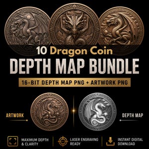 Dragon Coin Depth Map Bundle: 3D Embossing Depth Maps for Laser Engraving (PNG)