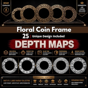 May include: An image showcasing a collection of floral coin frames, with a variety of designs. The frames are in bronze and silver tones, with intricate floral and leaf patterns. Text on the image reads "Floral Coin Frame" and "Depth Maps".