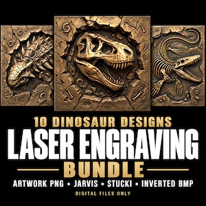 Puede incluir: Una colección digital de 10 diseños de dinosaurios para grabado láser, con ilustraciones en relieve de color bronce de fósiles y esqueletos incrustados en piedra agrietada, con el texto 10 DINOSAUR DESIGNS LASER ENGRAVING BUNDLE ARTWORK PNG JARVIS STUCKI.
