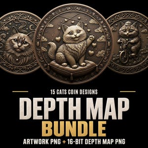 Könnte beinhalten: Drei kreisförmige, bronzefarbene Medaillons mit geprägten Katzenillustrationen. Die mittlere Münze zeigt eine Katze auf einem Kissen mit Herzen. Der Text lautet 15 CATS COIN DESIGNS DEPTH MAP BUNDLE ARTWORK PNG + 16-BIT DEPTH MAP PNG auf Schwarz.
