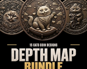 Cat Coin Depth Map Bundle: 3D Laser Engraving PNG Files
