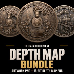 May include: A digital collection of 10 train coin designs featuring relief-style illustrations of steam locomotives, mountains, and crescent moons. The text reads 10 TRAIN COIN DESIGNS DEPTH MAP BUNDLE ARTWORK PNG + 16-BIT DEPTH MAP PNG.