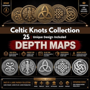 Könnte beinhalten: Ein digitales Produktbild mit einer Sammlung keltischer Knotenmuster. Das Bild zeigt verschiedene kreisförmige Designs mit komplizierten Mustern, darunter Drachen, Adler und Knotenarbeiten. Text enthält "Celtic Knots Collection" und "Depth Maps".