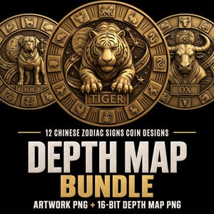 Puede incluir: Una colección de tres medallones circulares en tonos bronce con relieves de animales del zodiaco chino, incluyendo un perro, un tigre y un buey. El texto dice 12 CHINESE ZODIAC SIGNS COIN DESIGNS DEPTH MAP BUNDLE ARTWORK PNG + 16-BIT DEPTH MAP PNG.