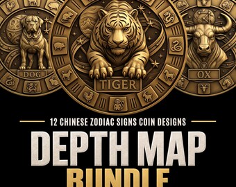 Chinese Zodiac Signs Depth Maps for Coin Engraving: 12 Laser Files 16-bit Grayscale