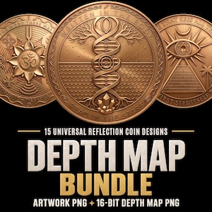 May include: Three circular bronze-toned coins featuring intricate embossed designs. The center coin displays a DNA helix, tree roots, and crystals with the text WRITTEN IN THE BODY and READ IN THE STARS. The surrounding text reads 15 UNIVERSAL REFLECTION COIN DESIGNS DEPTH MAP BUNDLE ARTWORK PNG 16-BIT DEPTH MAP PNG.